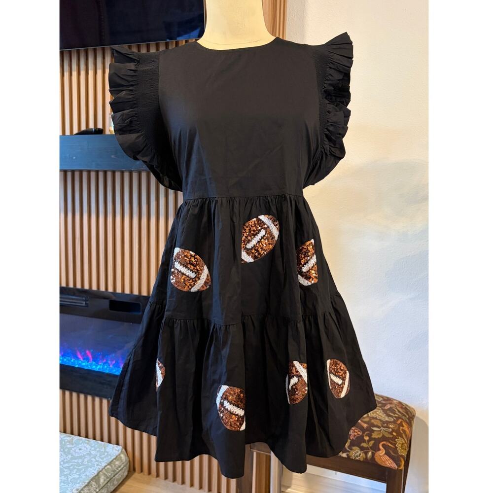 Peach Love California Black Football Sequin Ruffle Sleeve Tiered Dress Size L
